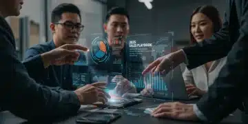 Sales team reviewing holographic 2025 sales playbook data for market share growth