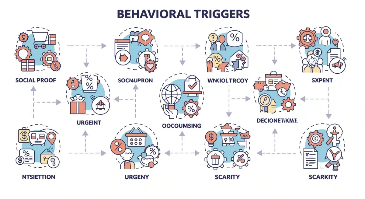 Infographic showing behavioral triggers like social proof, urgency, and scarcity in e-commerce