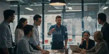 Business team analyzing competitive sales data on a large screen