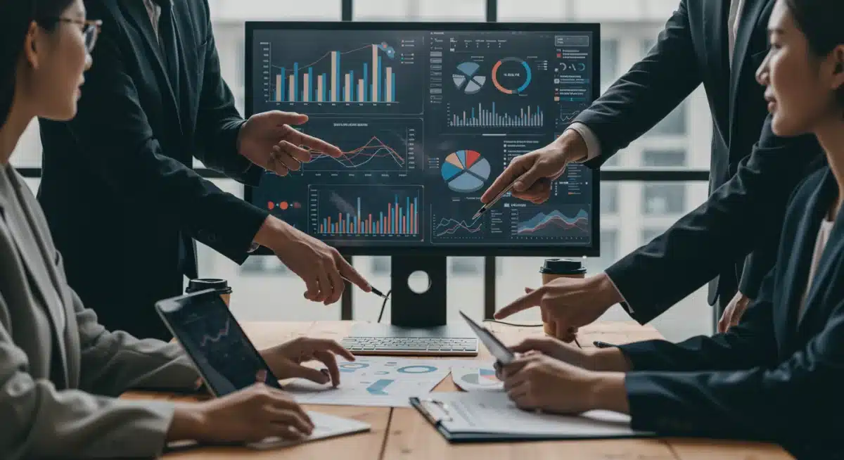 Business team analyzing Q2 2025 economic forecasts and sales data