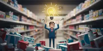 Confused shopper overwhelmed by too many product choices, emphasizing choice overload.