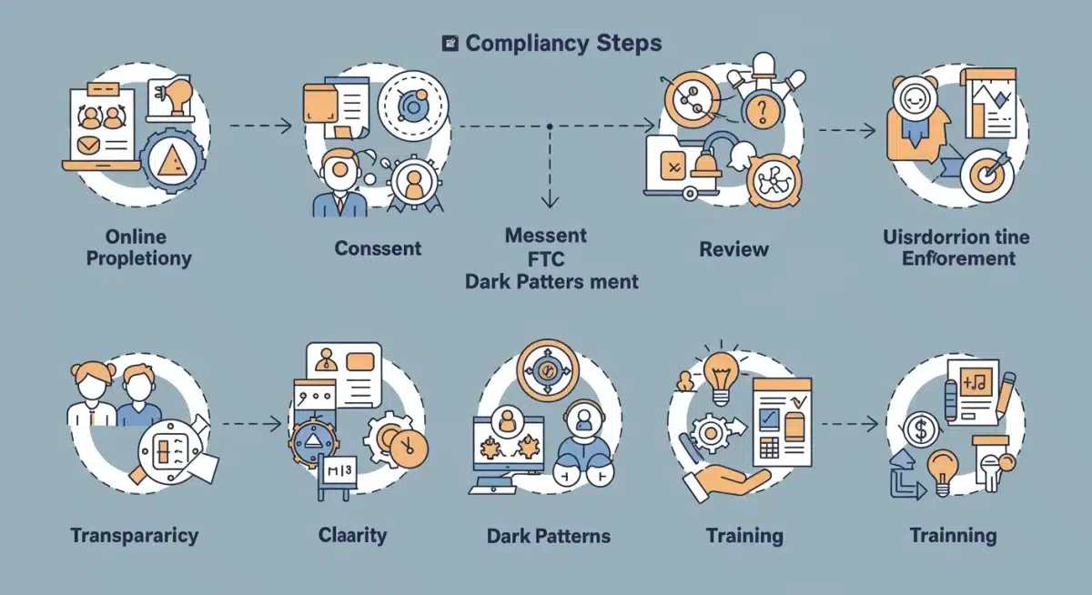 Flowchart depicting 5 compliance steps for FTC dark patterns 2025