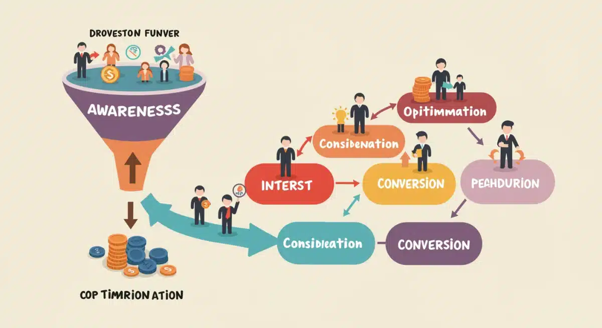 Conversion funnel infographic showing customer journey stages