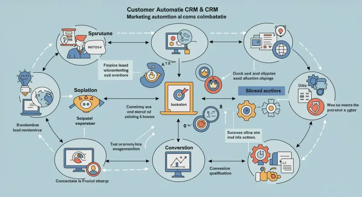 Customer journey infographic with CRM and marketing automation touchpoints