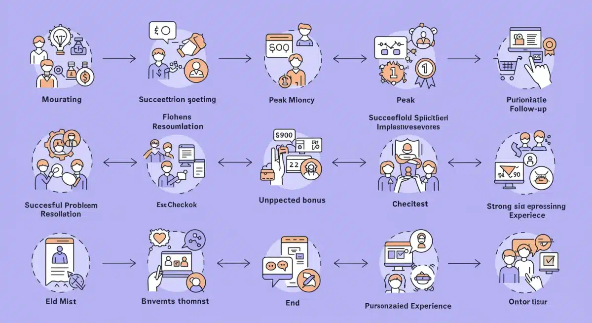 Diagram showing a customer journey map with identified peak moments and a positive ending, illustrating the Peak-End Rule's application.