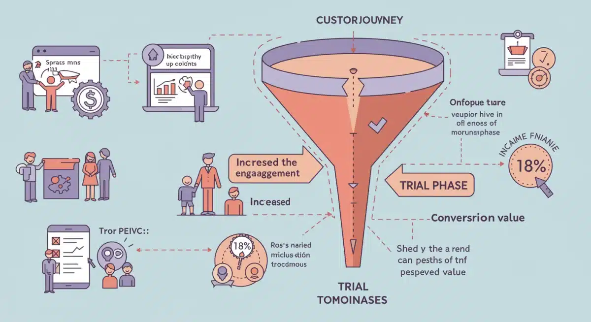 Customer journey funnel illustrating trial phase conversion and perceived value increase.