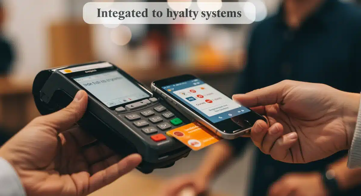 Customer using loyalty program at a modern POS terminal, highlighting integrated transaction.