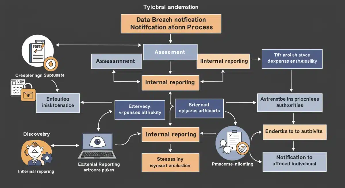 Flowchart showing steps in a data breach notification process, from discovery to individual notification.