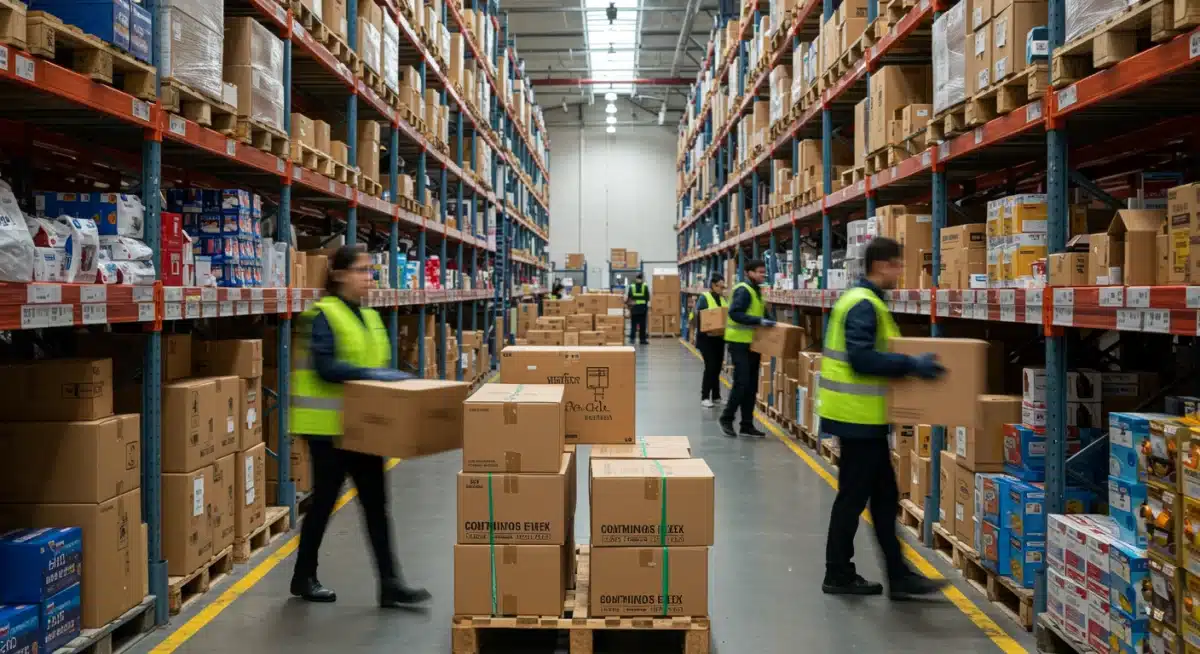 E-commerce warehouse during peak season with efficient package handling