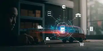 Futuristic e-commerce ecosystem with integrated APIs for fast order fulfillment