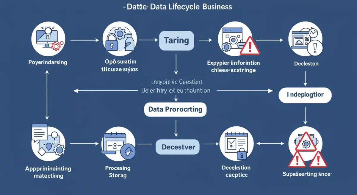 Data lifecycle flowchart for e-commerce, illustrating collection, processing, storage, and deletion with compliance checkpoints.