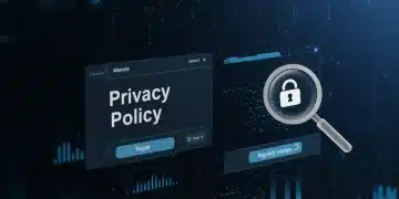 E-commerce website with privacy policy pop-up and magnifying glass, symbolizing data privacy regulations and CCPA-CPRA update.