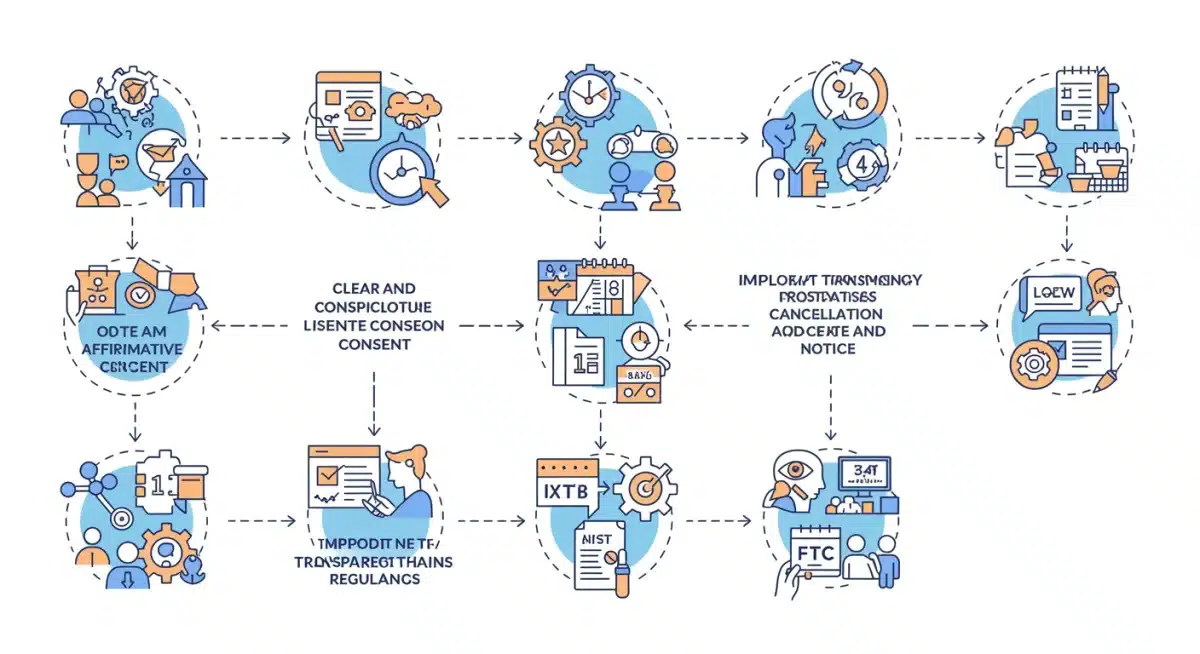 Flowchart depicting 6 steps for FTC auto-renewal compliance.