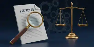Illustration of FTC 2025 rules document under magnifying glass, representing compliance.