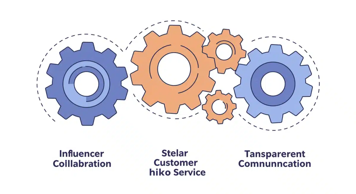 Interconnected gears representing three strategies for building trust through the halo effect in digital marketing