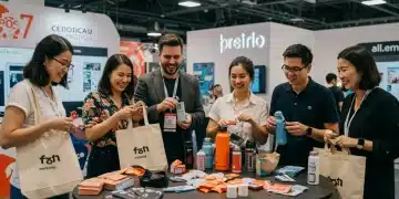 Happy customers receiving branded giveaways at an event