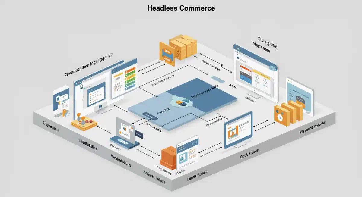Detailed architectural diagram of a headless commerce setup with various third-party integrations.