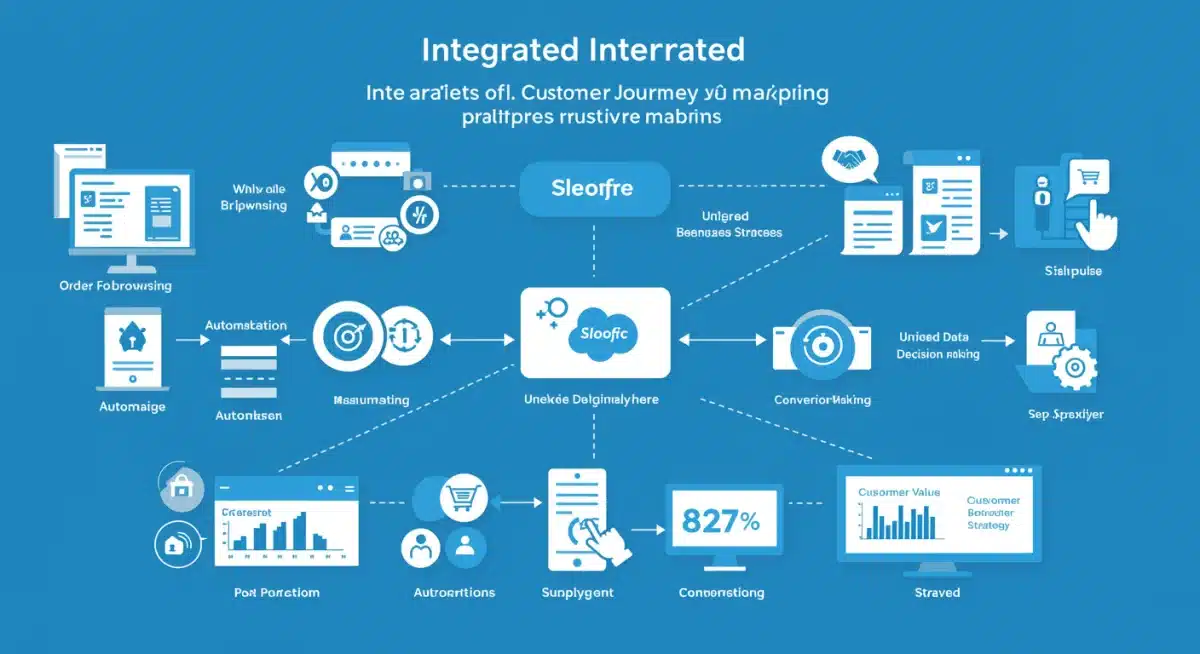 Infographic showing benefits of Shopify and Salesforce integration, including unified customer data and automated marketing.
