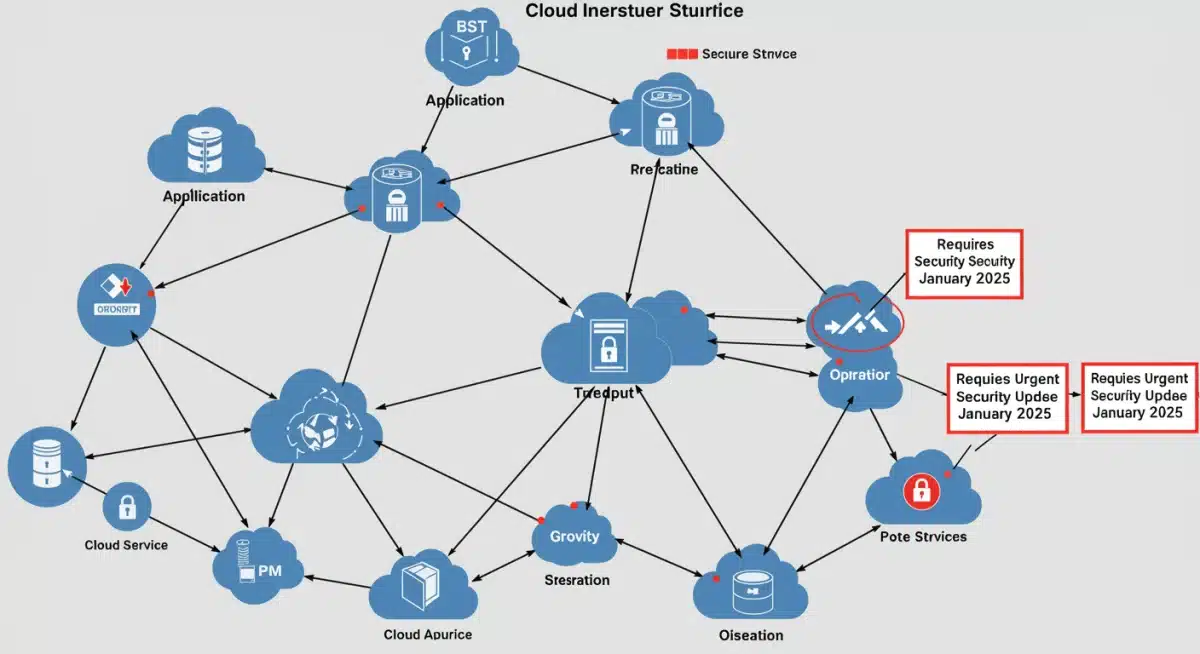 Interconnected cloud services and applications with secure data flows, emphasizing integration points for January 2025 security updates.