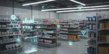 Futuristic retail store showcasing IoT inventory management with real-time data and smart shelves.