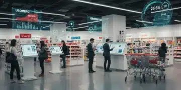Modern retail store with digital screens showing increased sales and customer data.