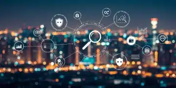 Complex digital network with privacy shields and magnifying glass over data points, symbolizing 2025 online advertising regulations.