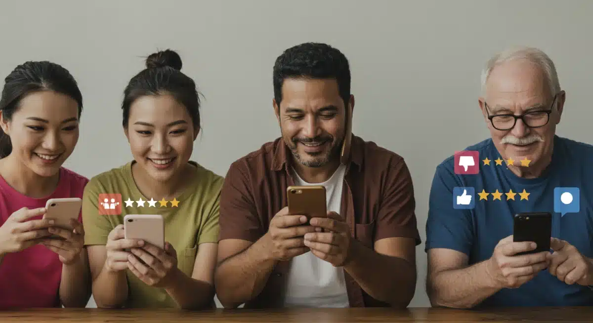 Diverse people engaging with online consumer reviews on smartphones
