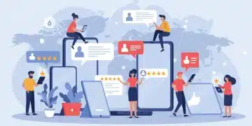 Social Proof Techniques: 20% Increase in US Online Reviews People interacting with online review platforms, showing positive feedback and high ratings.