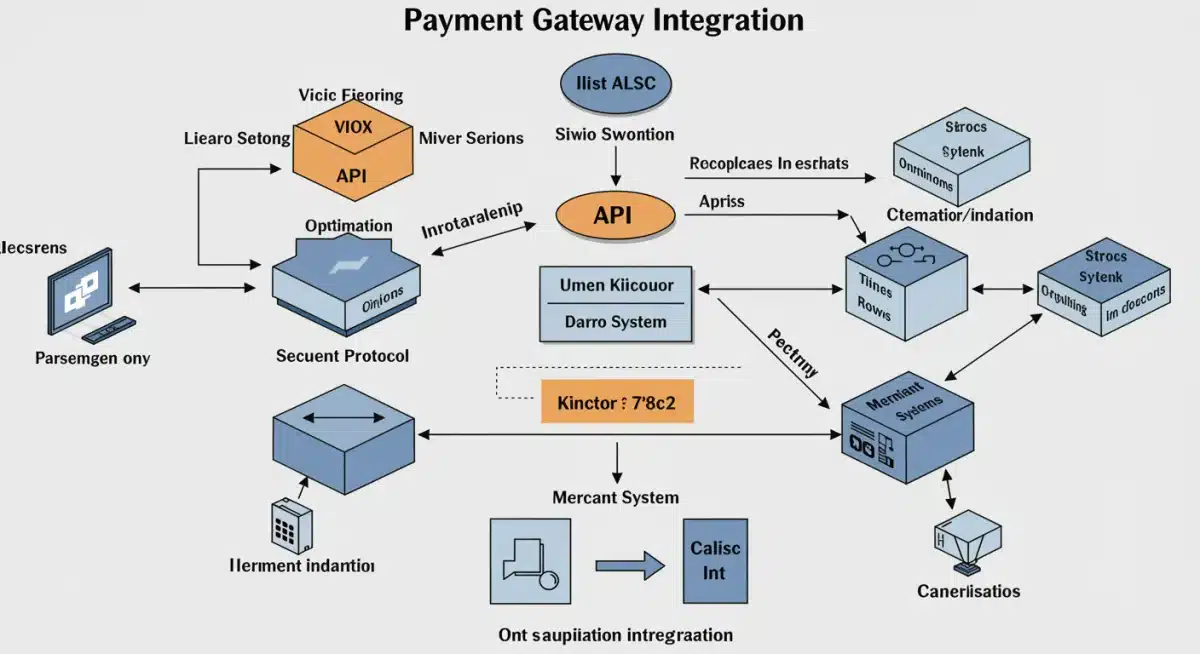 Diagram of payment gateway integration architecture showing data flow.