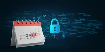 Illustration of a calendar with 2025 highlighted, a padlock, and lines of code, symbolizing PCI DSS 4.0 compliance deadline for e-commerce security.