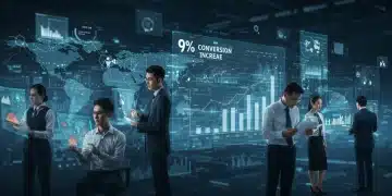 Business professionals engaging with personalized digital sales messaging platforms, highlighting a 9% conversion rate increase.