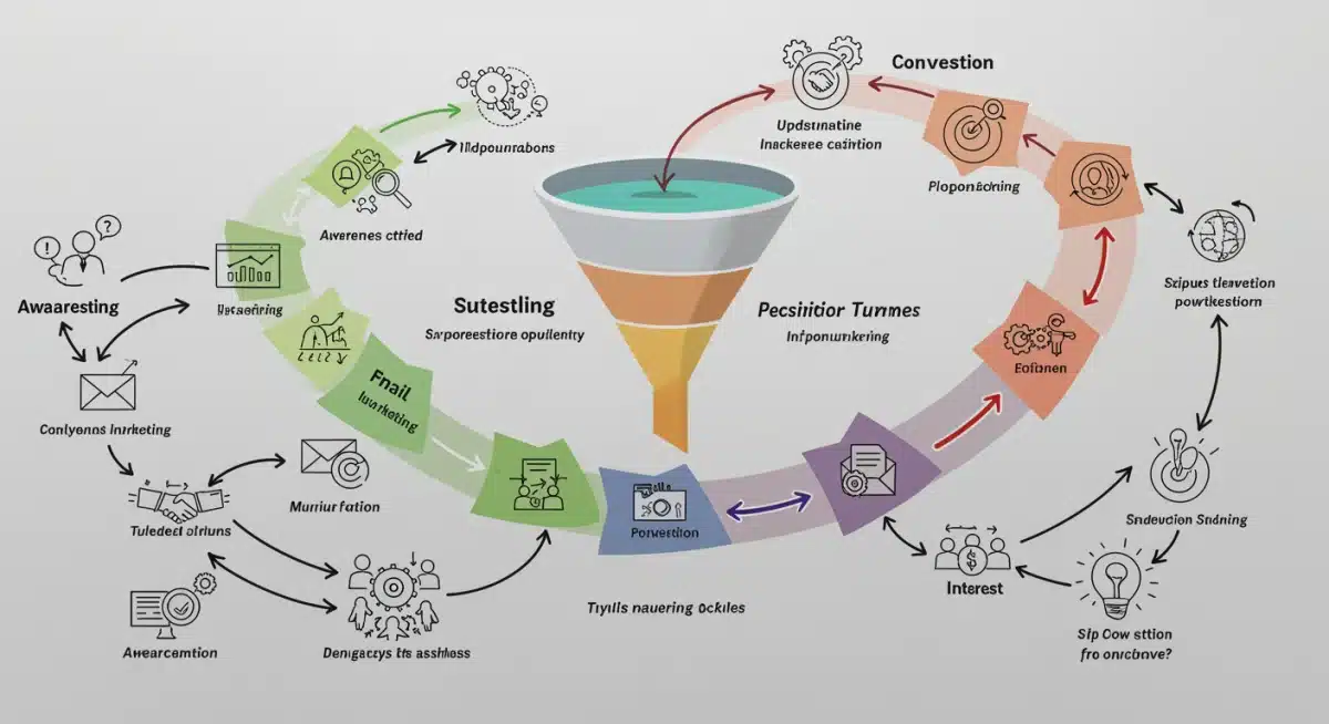 Sales funnel stages diagram with optimization points highlighted