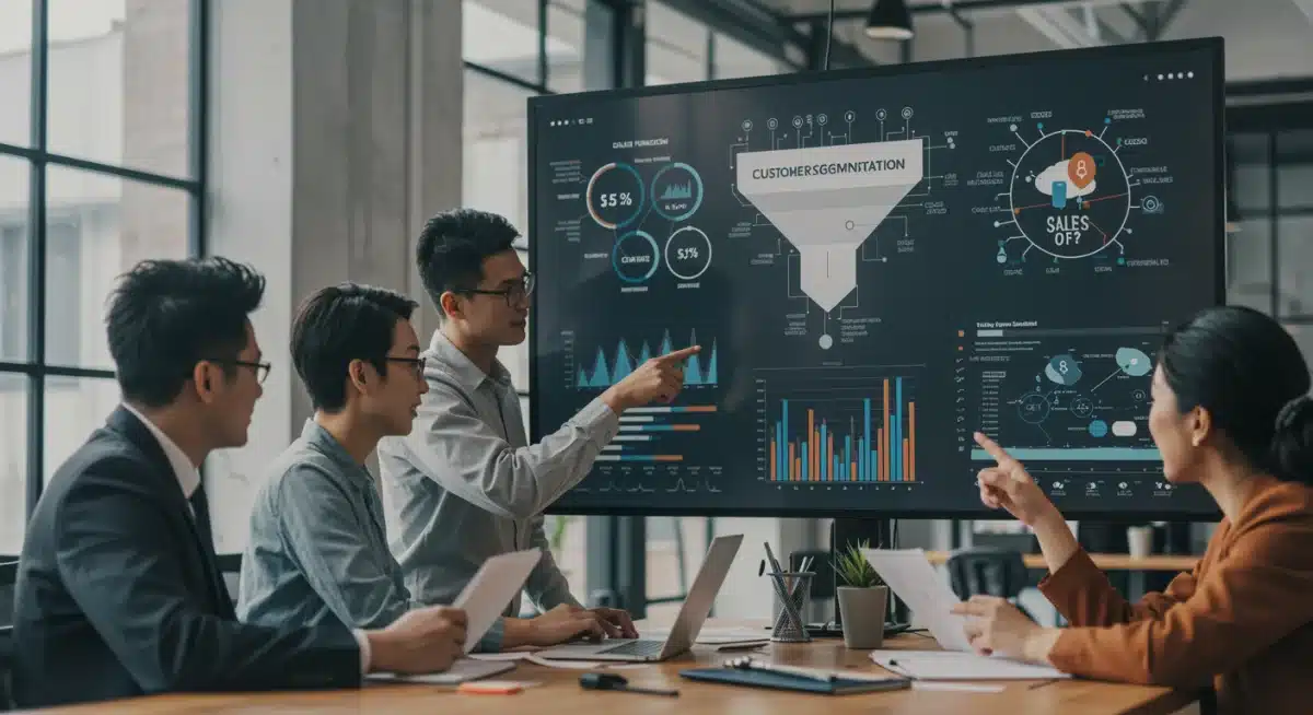 Sales team analyzing customer segmentation data on a large screen