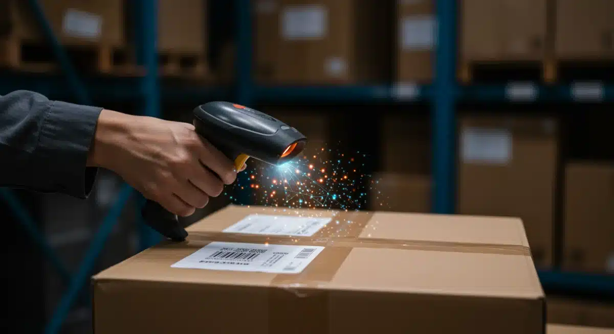 Hand scanning a shipping label for USPS compliance and data integration