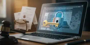 Secure e-commerce platform with digital lock and legal documents, representing INFORM Consumers Act compliance.