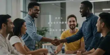 Diverse US customers engaging positively with a brand representative, symbolizing strong customer relationships.